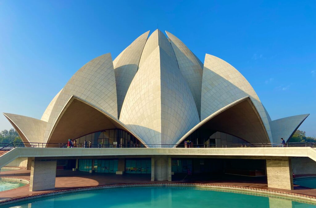 Lotus Temple Delhi white marble petals reflecting in surrounding water pool