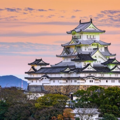 Himeji, Japan dusk at Himeji Castle.