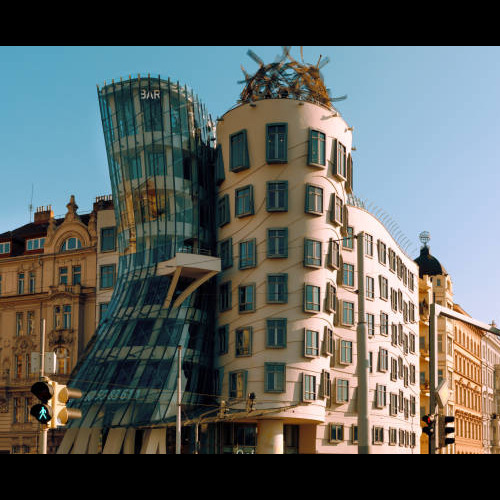March 1, 2022: Dancing House in Prague Czech Republic. The building was designed by Vlado Milunic and Frank Gehry, built in 1996.