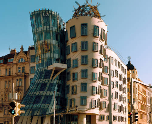 March 1, 2022: Dancing House in Prague Czech Republic. The building was designed by Vlado Milunic and Frank Gehry, built in 1996.
